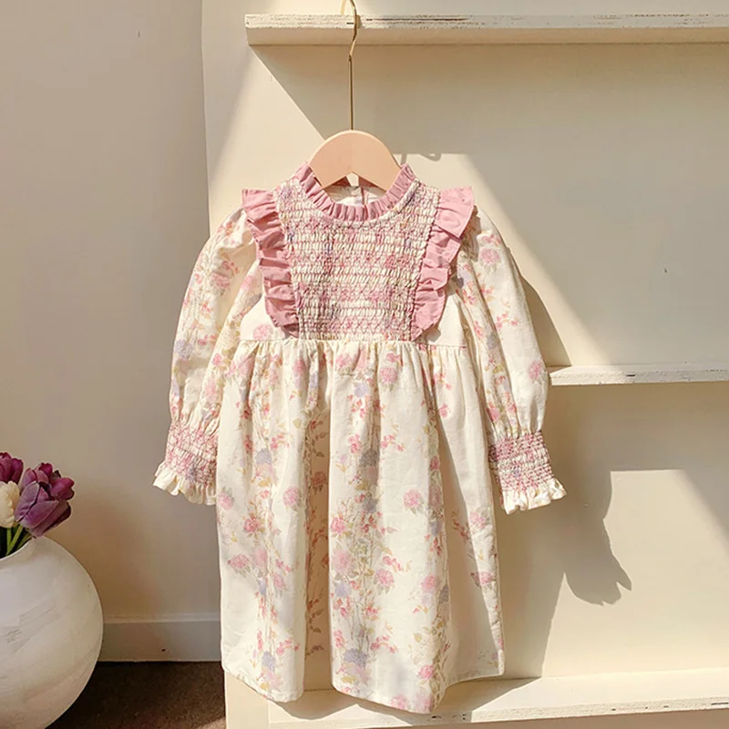 2024 New Spring European American Style 2-7Yrs Baby Girl Party Dress Long Sleeved Cotton Floral Printing Kids Princess Dresses