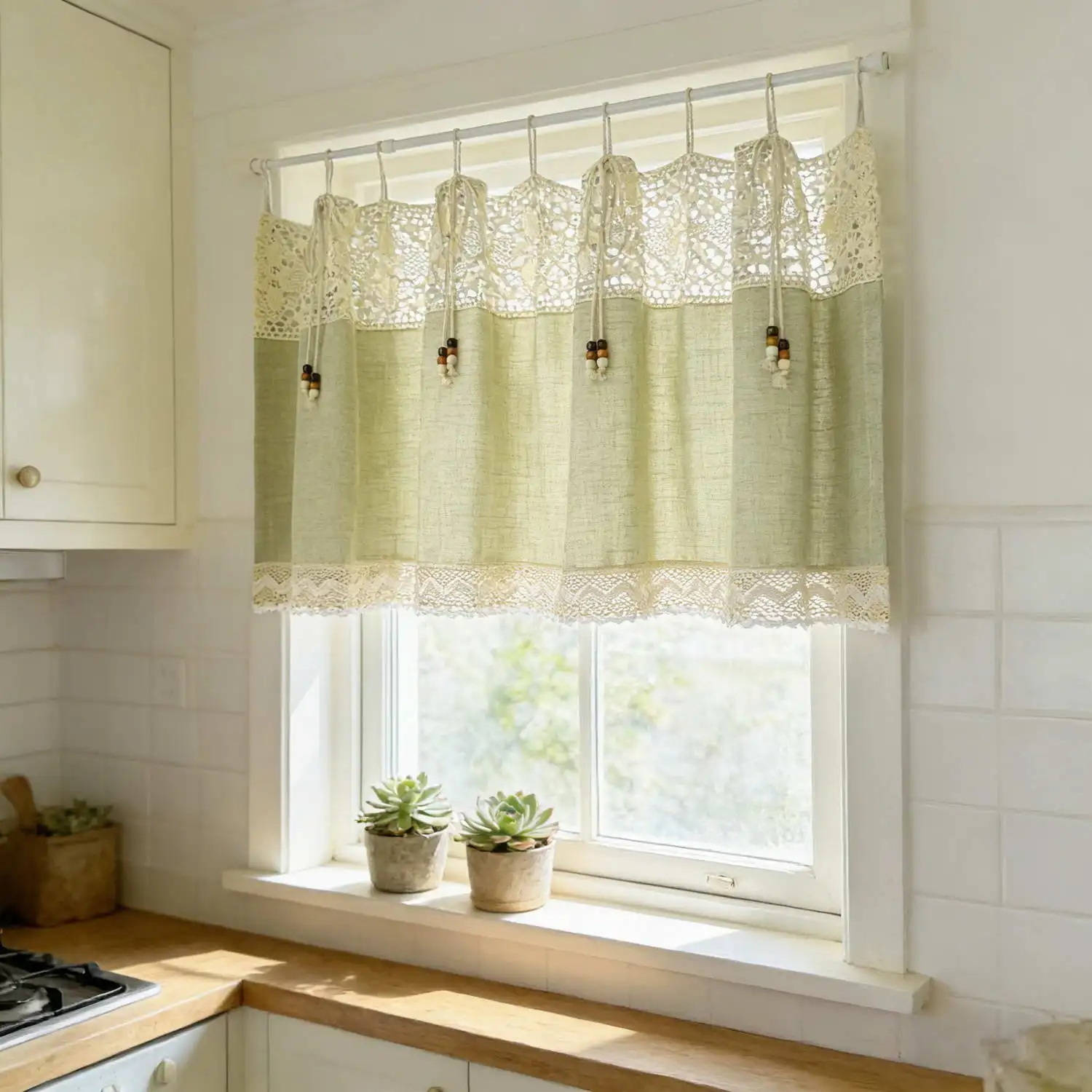 American Cotton Crochet Hollow Lace Splicing Imitation Linen Tie-up Curtain for Kitchen Small Window Rustic Country Window Decor