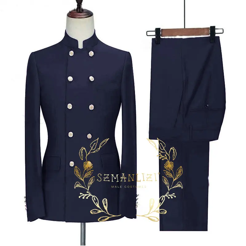

Fashion Navy Blue Mens Suits Double Breasted Wedding Groom Tuxedo Male Business Blazer 2 Piece Sets Jacket Pants Terno Masculino