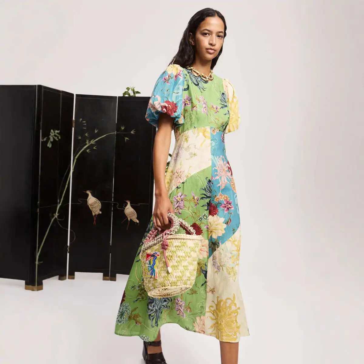 Vestido Casual de Linho com Decote Redondo, Estampa E, Saia Midi, Manga Curta, Vestido F para a Temporada de Ou...