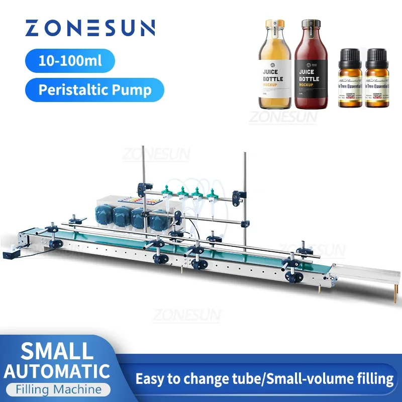 ZONESUN Liquid Filling Machine Automatic 4 Heads Peristaltic Pump Conveyor Bottle Jar Drink Cosmetics Production ZS-DTPP100C4