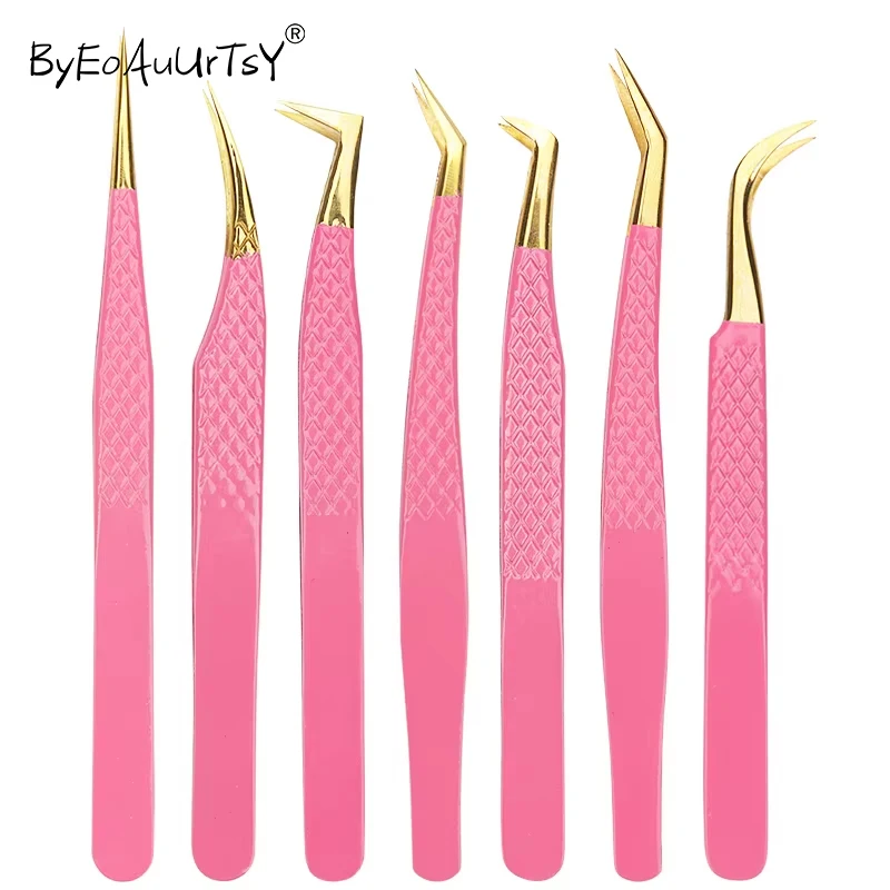 Pinça de cílios postiços rosa, escala antiestática de extensão de cílios, aço inoxidável, superhard, alta precisão, ferramentas de maquiagem de sobrancelha