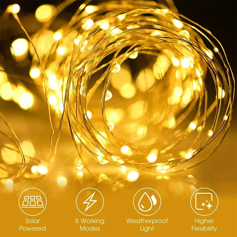 Solar LED Fairy String Lights 8 Modes Outdoor Waterproof Twinkle Lamp Garden Patio Tree Christmas Party Decoration