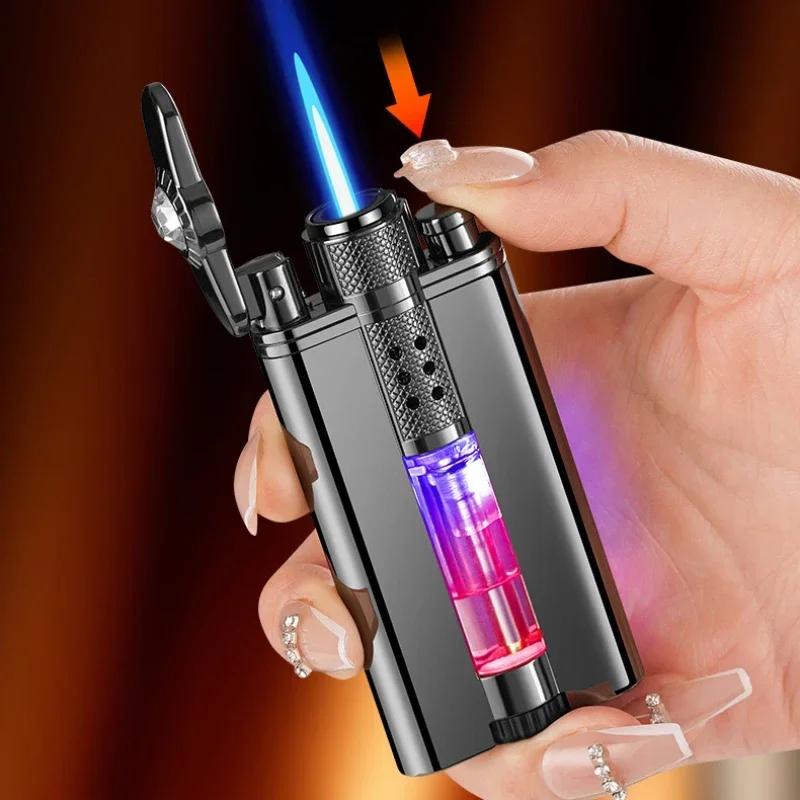 2026 New Personalized Creative Diamond Direct Charge Windproof Blue Flame Inflatable Lighter Visual Gas LED Light Gift Tool
