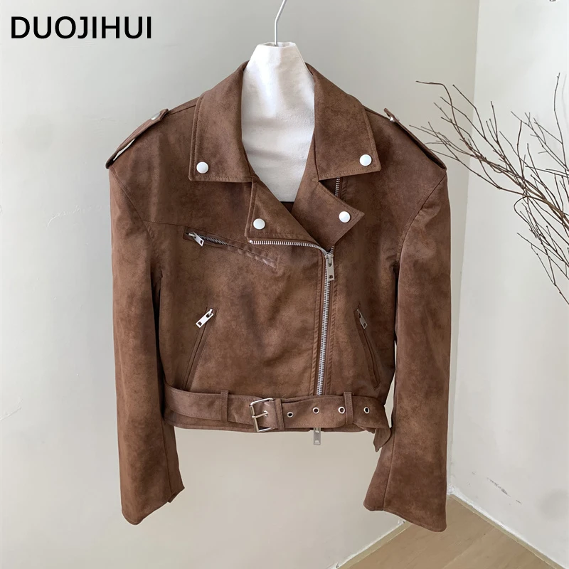 DUOJIHUI Brown Vintage PU Chic Belt Women Jackets American Loose Simple Casual Fashion Zipper Solid Color Winter Female Jackets