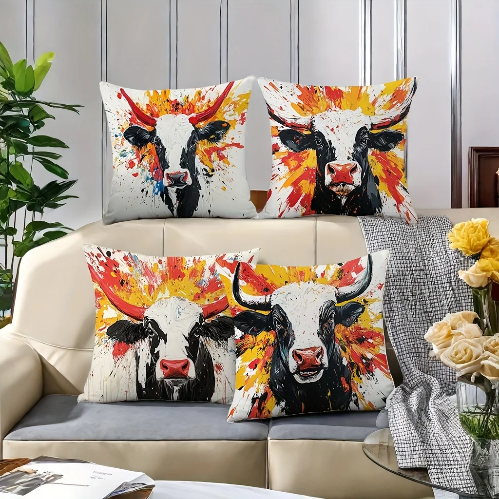 4pcs Rural dairy cow pattern Single-sided printing Short plush Suitable for living rooms bedrooms sofas (excluding pillow cores)