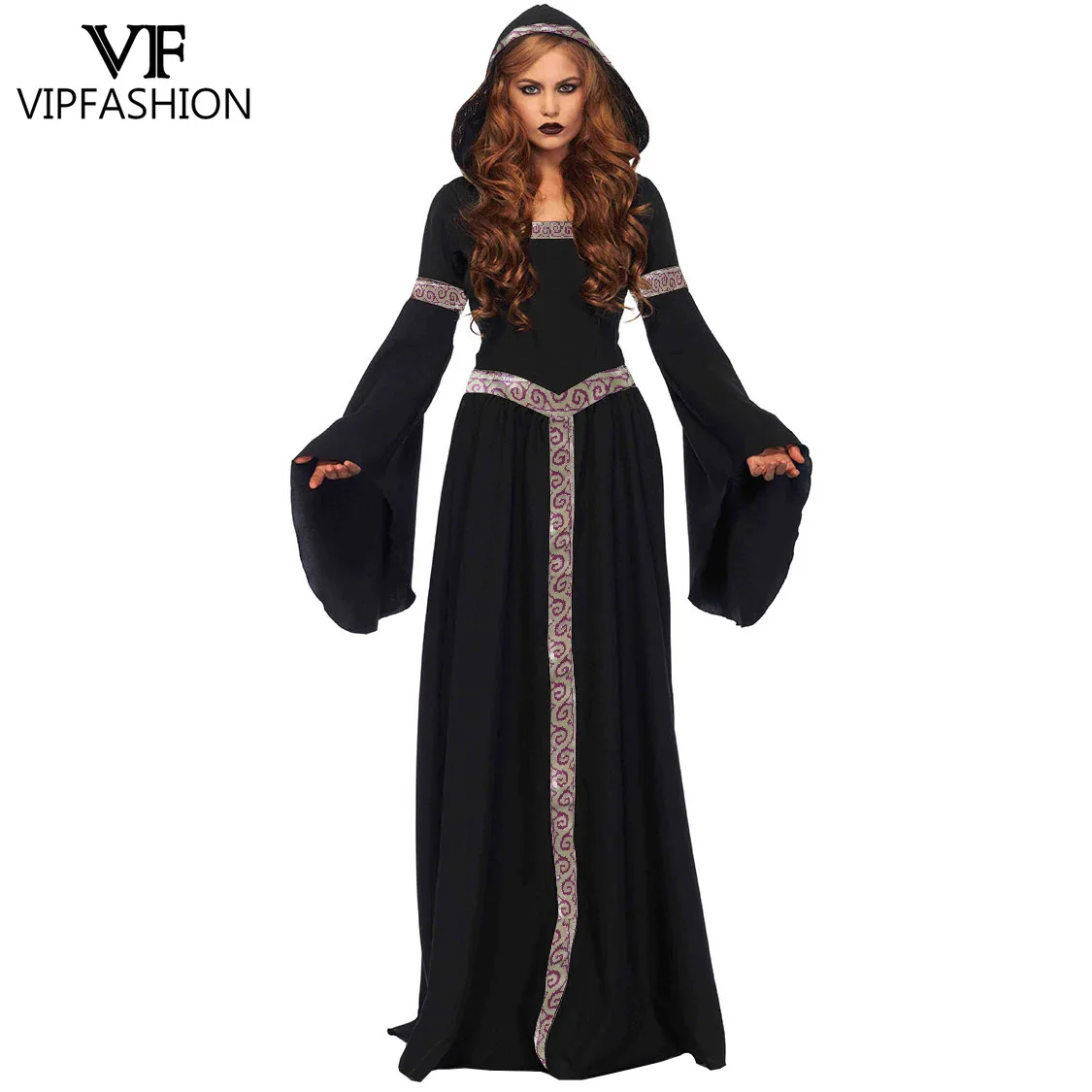 

VIP FASHION Halloween Medieval Witch Gown Black Evil Witch Cosplay Dress Fancy Gothic Retro Court Hood Dress Fleece Party Dress