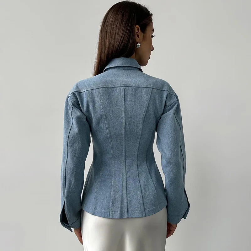 Women's clothing 2025 spring new style temperament lapel slim fit waist cinched long sleeved denim jacket shirt