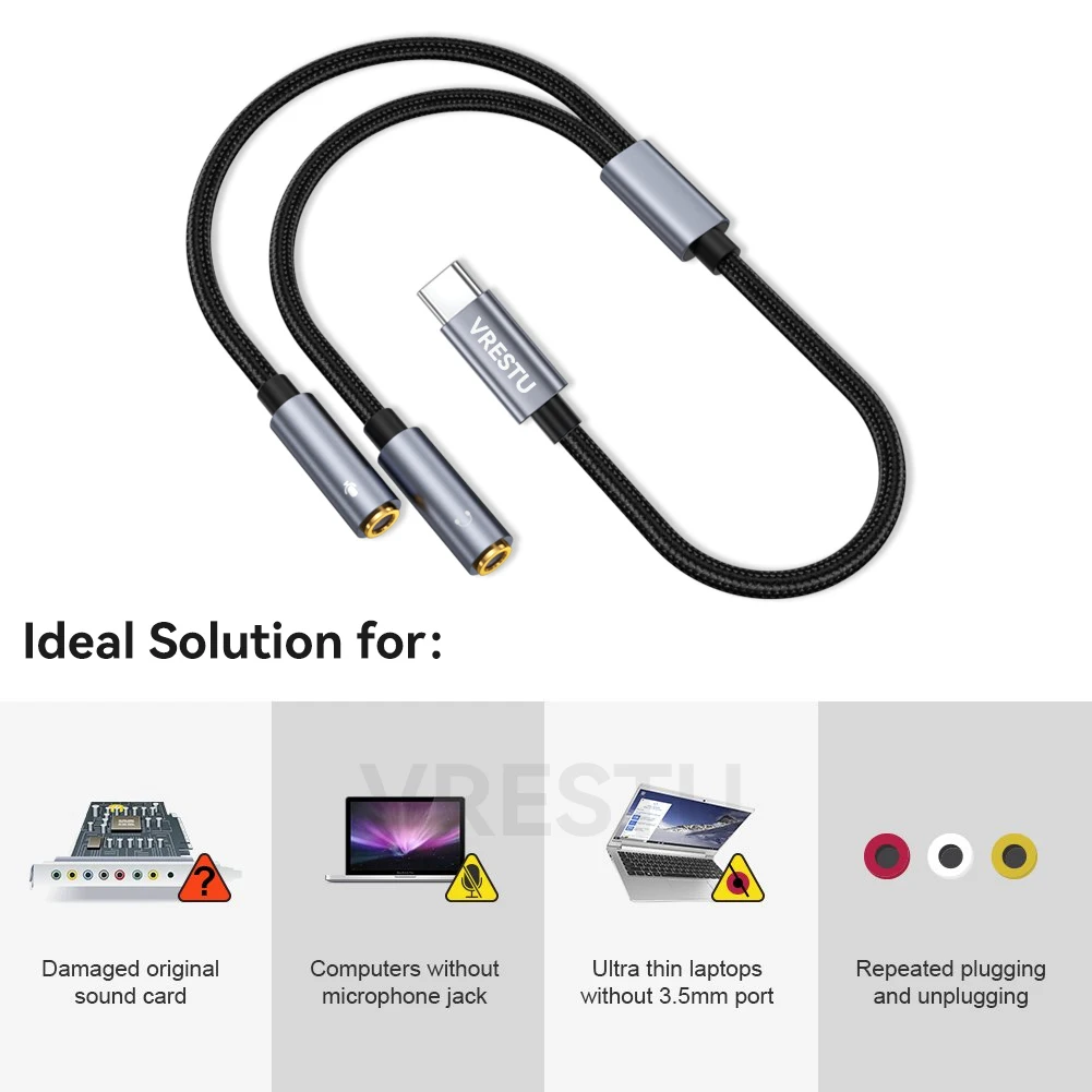 USB C to Dual 3.5mm Female Microphone Headphone Type C External Sound Card Stereo Audio Adapter Mic for Laptop Macbook Pro iPad