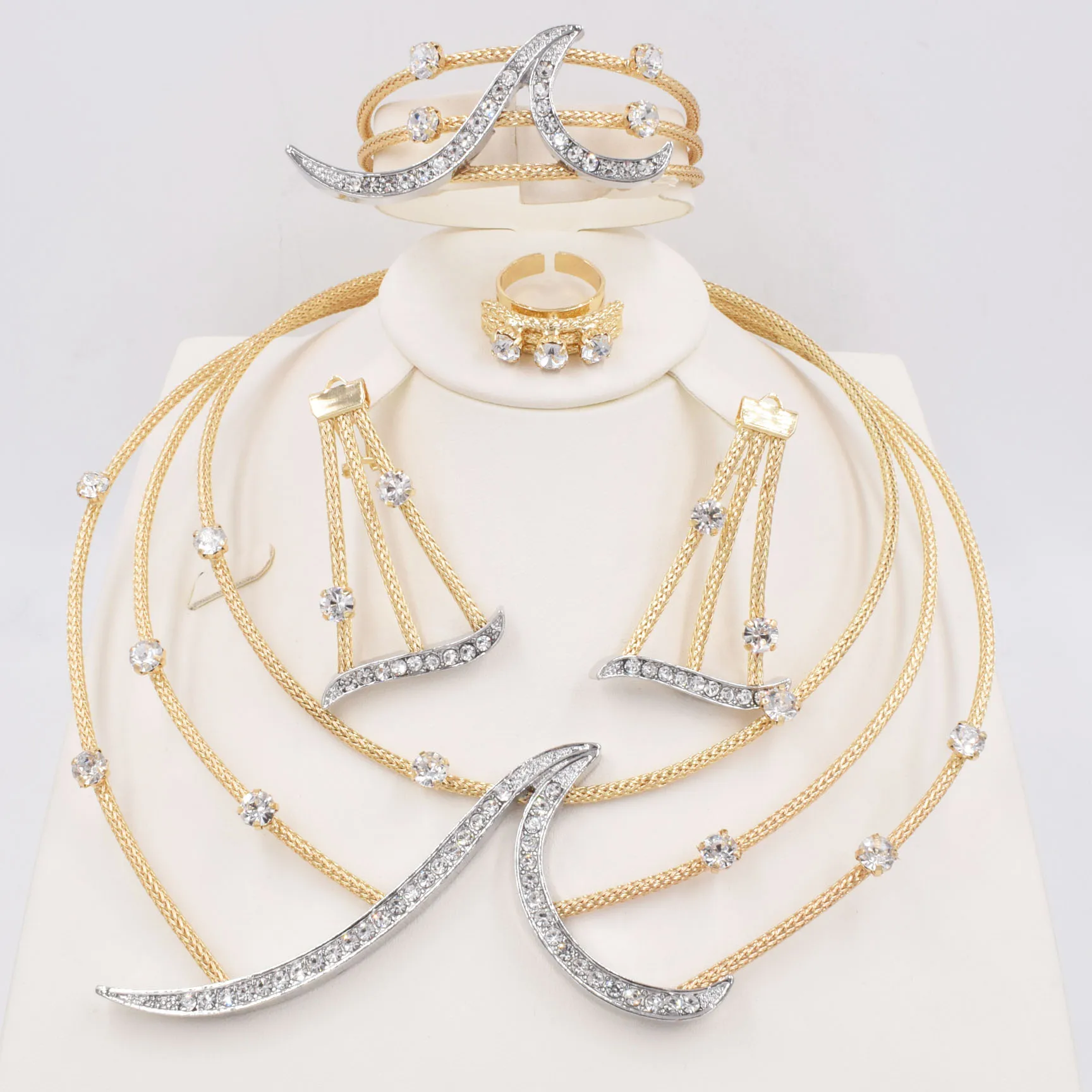 Italian 18K Gold Plated Jewelry Set Square Women Leaf Necklace Earrings Bracelet Ring 4pcs Jewelry Set Wedding Party Accessories