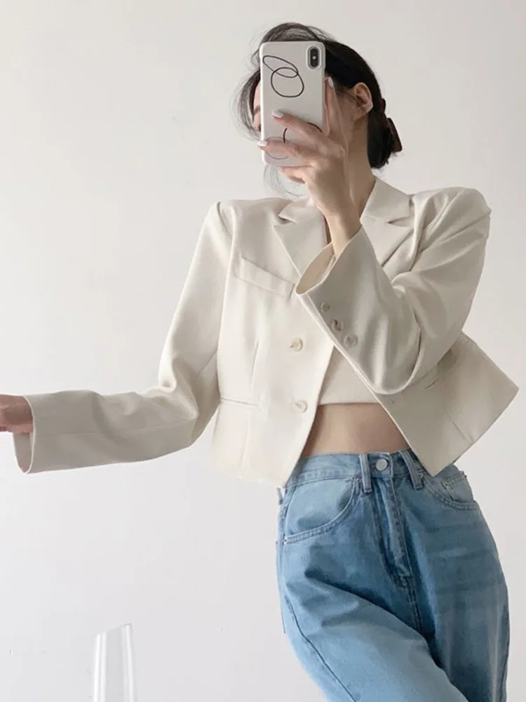 Spring Sexy Cropped Blazer Women Elegant Slim Long Sleeve Suit Coat Korean Fashion Sweet Female All Match Solid New Jacket Tops