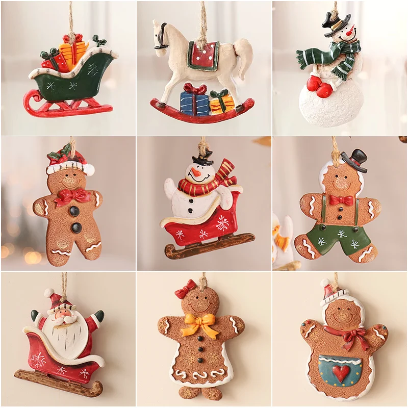 

Christmas tree decorations, resin gingerbread figurine pendants, vintage hand-painted snowman craft decorations