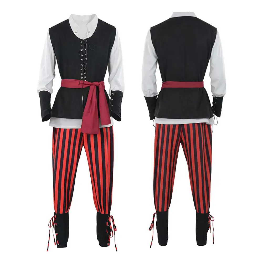 Medival Pirate Cosplay Scarf Vest Shirt Pants Belt Male Men Retro Costume Outfit Halloween Carnival Party Fantasy Roleplay Suit