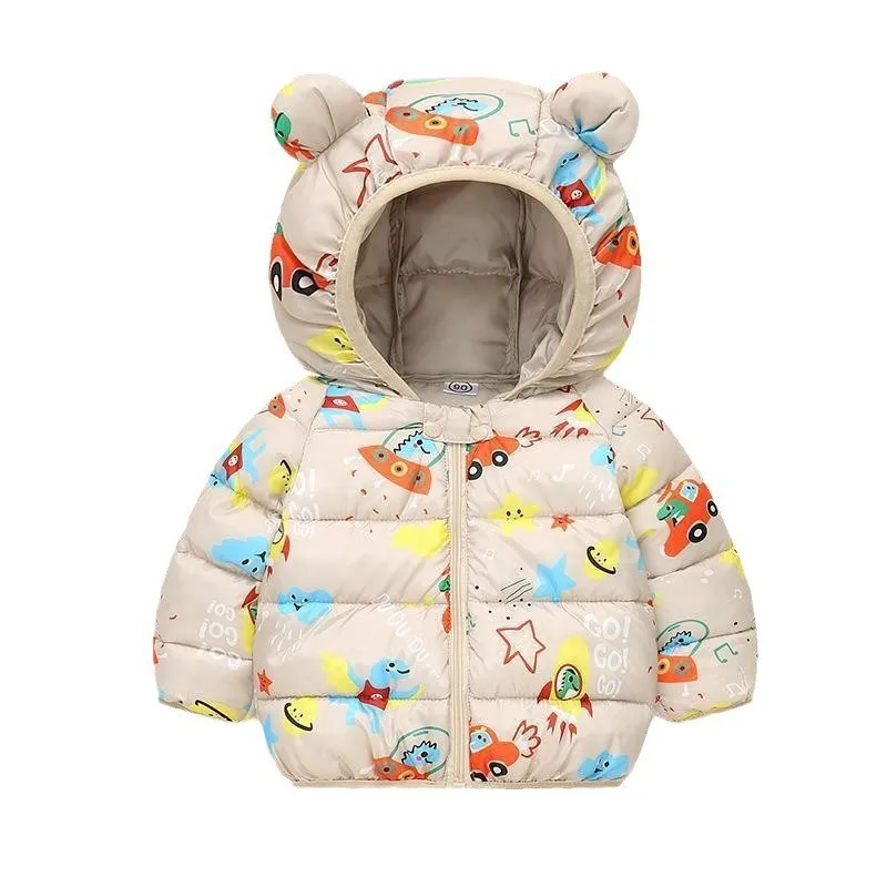 Winter warm down hooded jacket sweet cartoon print boy girl 0-6 year old 2023 Korean version new fashionable children\'s clothing