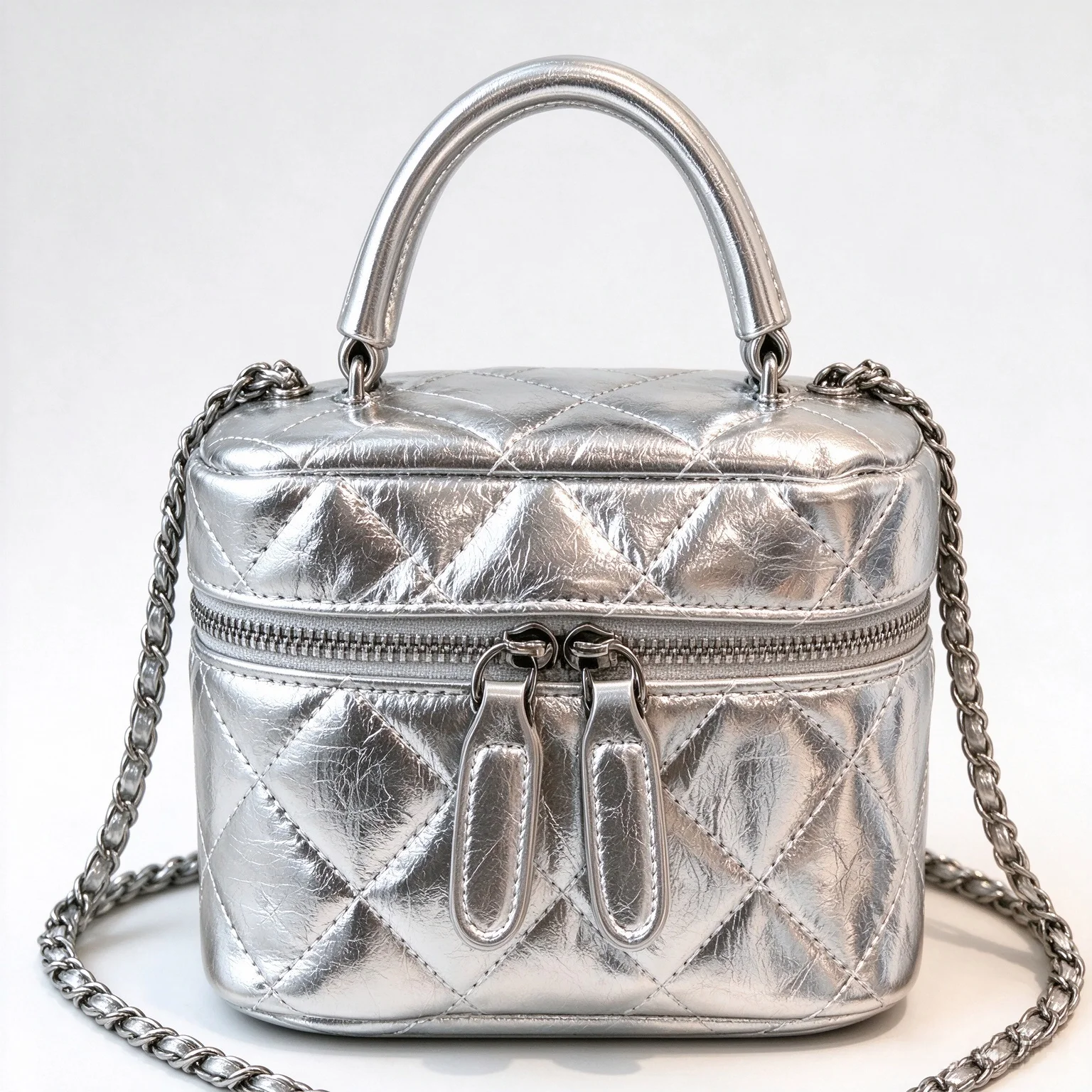 Silver Embroidery Thread Quilted Crossbody Bag for Women, Mini Box Top Handle Handbag with Chain Strap, Vanity Purse for Daily Use Evening Party