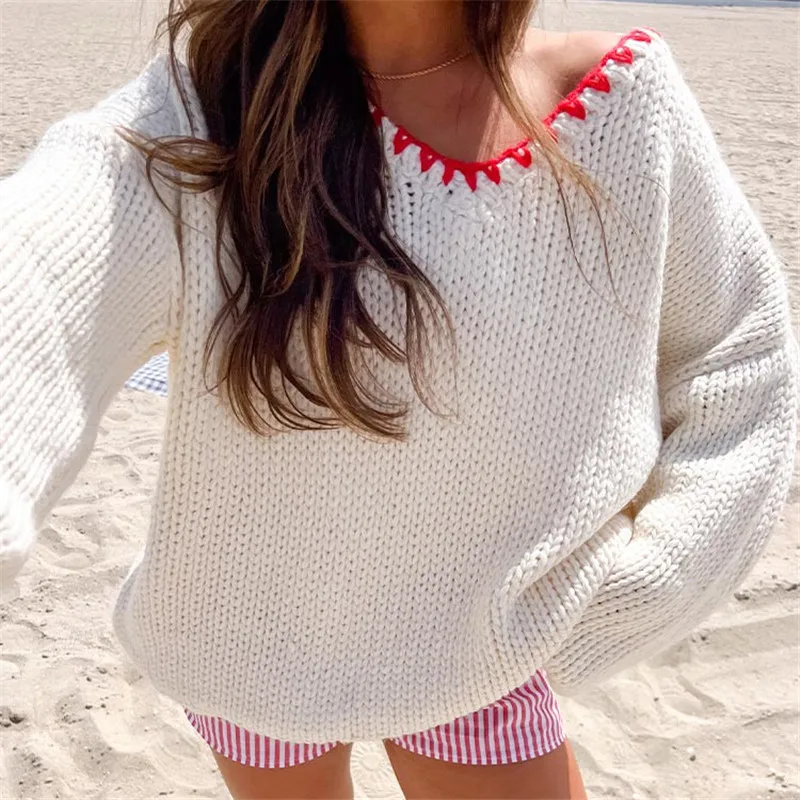

Knit Sweater for Women Fashionable Casual Loose V Neck Contrast Color Long Sleeve Tops Y2K Winter Autumn Pullovers Tops