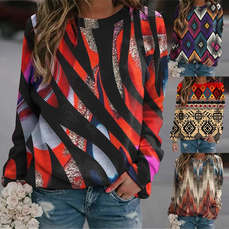 Western Aztec Ethnic Sweatshirts Hoodies Long Sleeve Geometric Printed Crew Neck Pullover Autumn Loose Tees for Women Blouse