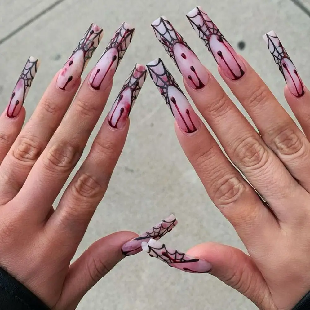 

Wearable Manicure Long Water Pipe Fake Nails Long Length Full Cover Press on Nails Square Head Halloween False Nail Women