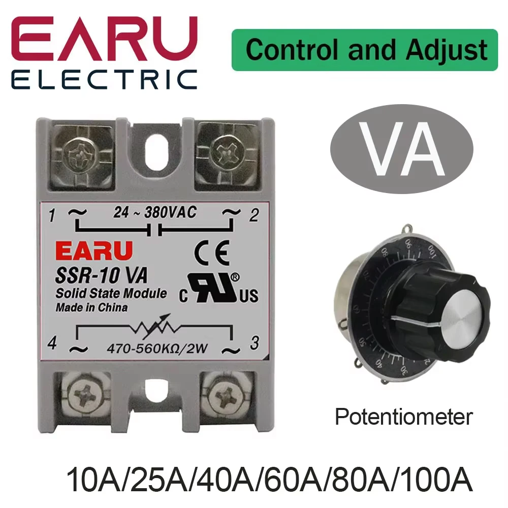 SSR-10VA SSR-25VA SSR-40VA SSR Przekaźnik półprzewodnikowy Regulator napięcia AC24-380V Wyjście + Potencjometr do regulatora temperatury PID