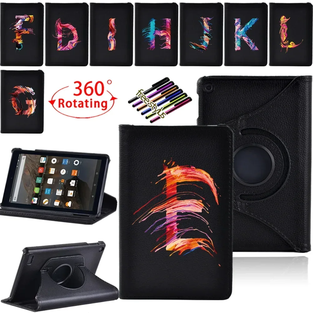 

Tablet Case for Fire 7 5th Gen 2015/7th Gen 2017/9th Gen2019 360 Degree Rotating Stand Case Dust Paint Letter Pattern