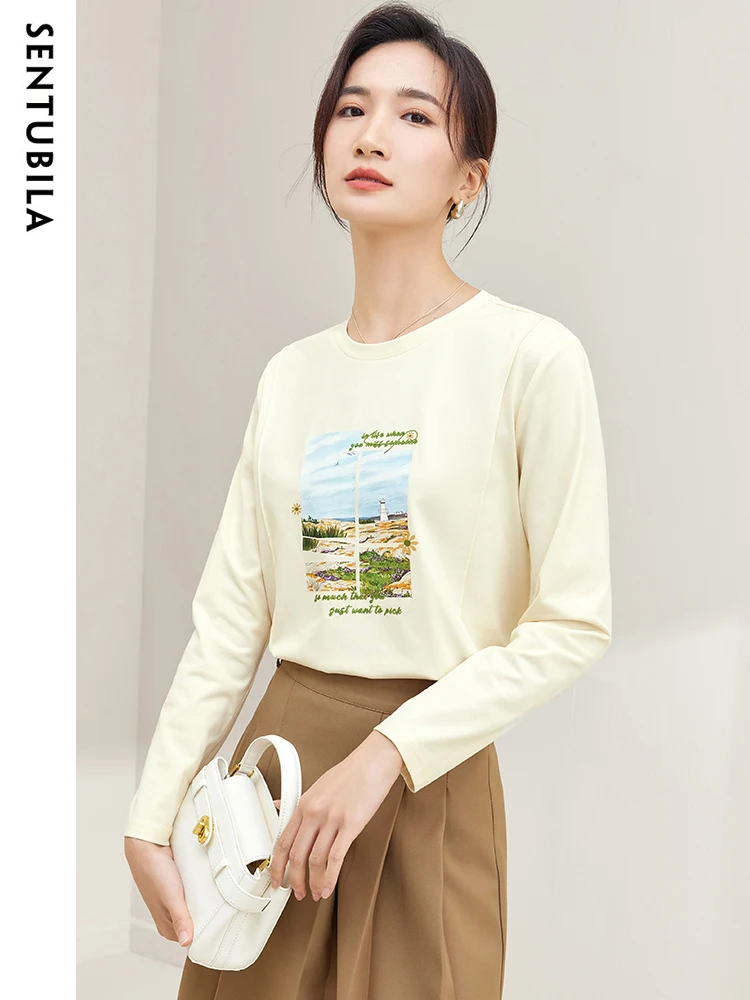 SENTUBILA Graphic Long Sleeve T Shirt Women Autumn 2023 Letter Print Casual Round Neck Tshirt Female New Cotton Tops 133T50624