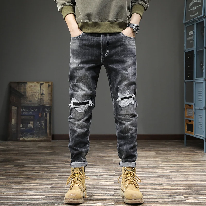 

American fashion vintage wash ripped jeans men slim straight leg spring trend plankton handsome beggar small feet pants