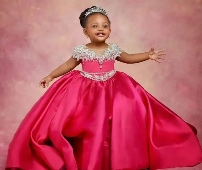 

Fuchsia African Flower Girl Dresses Ball Gown Sheer Appliques Beaded Baby Little Girl Peageant Dress Gowns For Black Girls