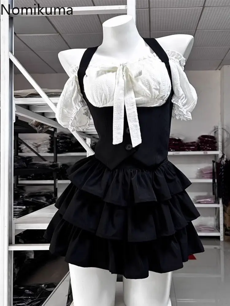 

Preppy Style Women's 3 Piece Sets Tunic Vest Coat Lace Bandage Shirt High Waist A-line Skirt Outfits Fashion Sweet Summer Suit