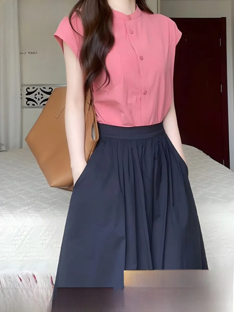 High Waist A-Line Midi Skirt Women's Summer New Style Pleated Linen Workwear Skirt Ladies Commute Style Loose Fit