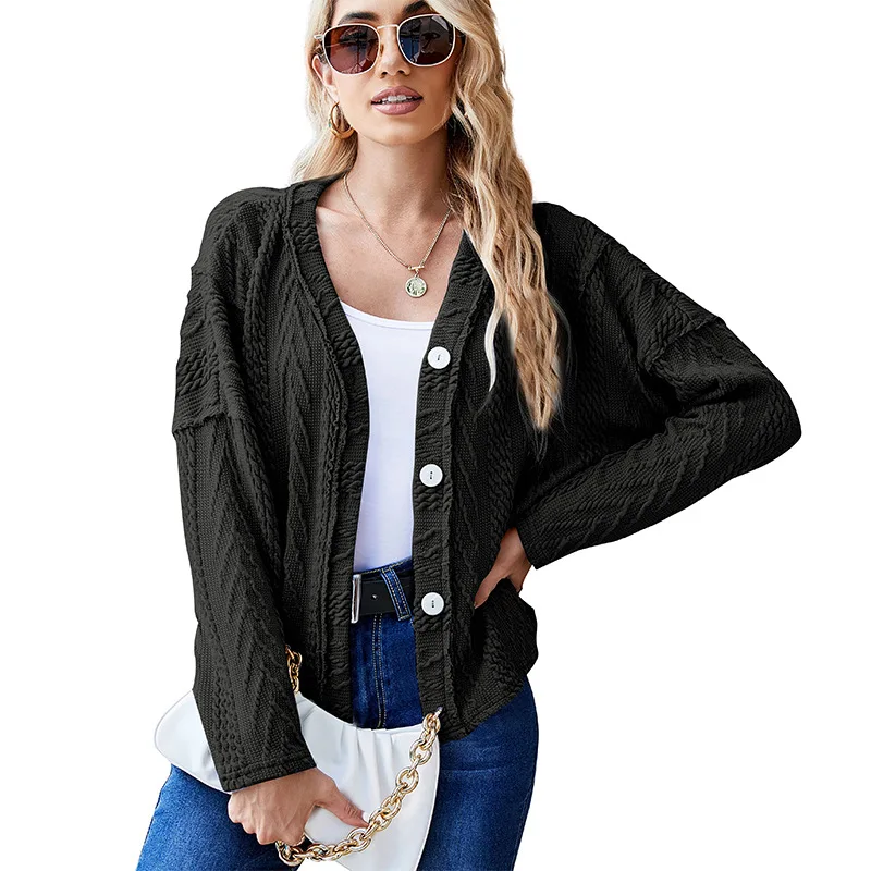 Pure Color Sweater Women Spring And Autumn Mid-length V-neck Simple Temperament Knitted Cardigan Casual Single-breasted Sweater