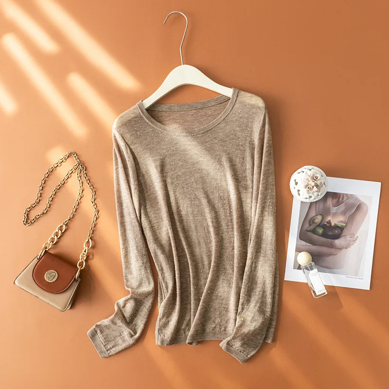 

Sparkle Wool Sweater Crew Neck Knitted T Shirt Light Weight Luxury Pullover