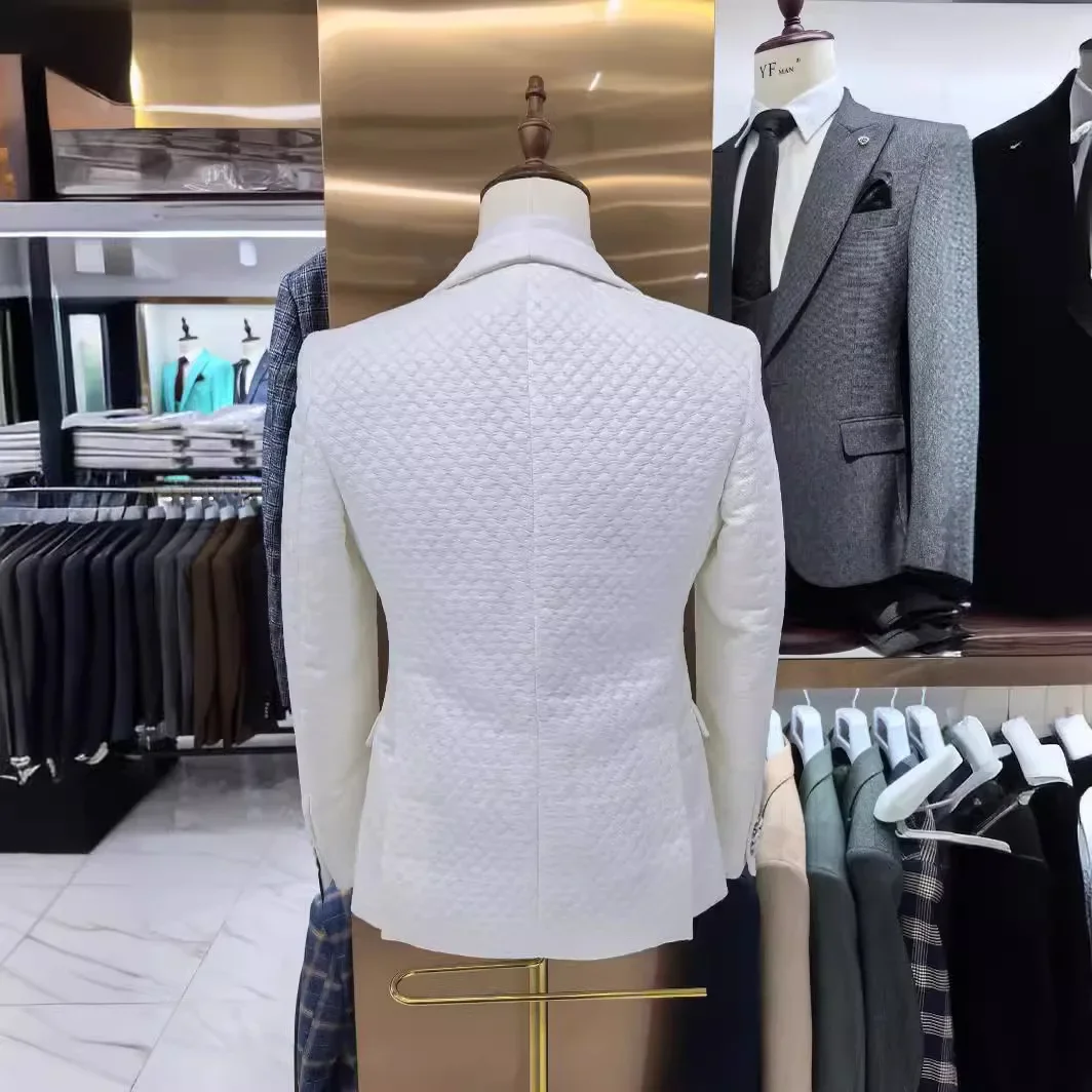 Plaid Jacquard Wedding Suits for Men Slim Fit 3 Pcs Formal Fashion Style Groom Tuxedo 2025 Shawl Lapel Jacket Pants Vest