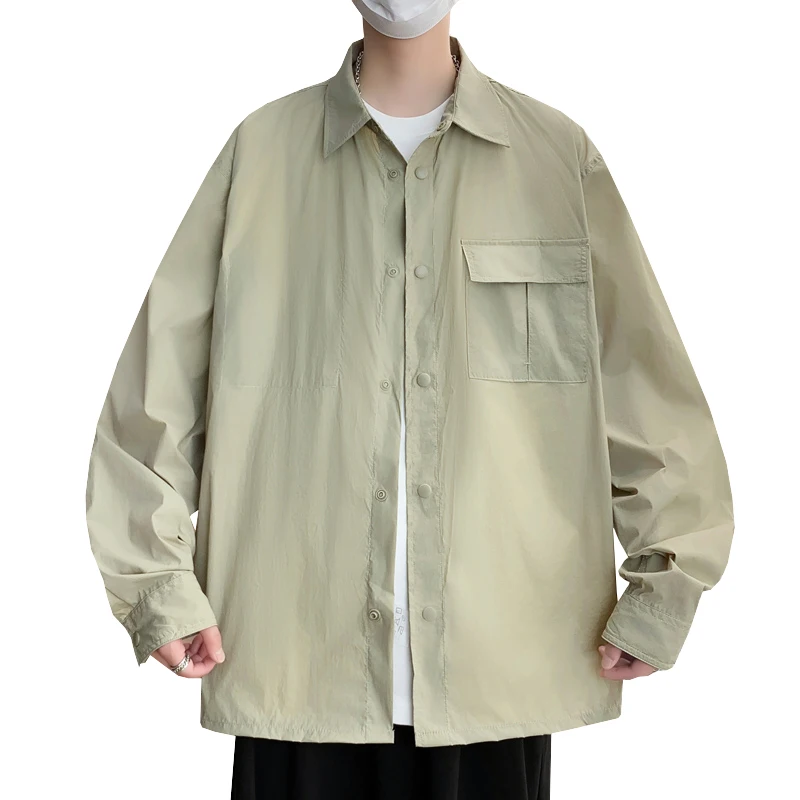 

Men's Trendy Long Sleeve Shirt - Spring Summer New Lightweight Solid Color 100% Nylon Casual Shirt Minimalist Style Utility Wear