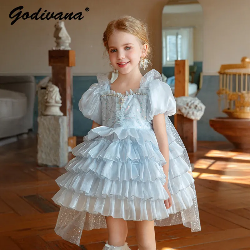 Sweet and Cute Baby Girls Summer New Blue Cake Dress Kids High End Ruffle Collar Puff Sleeve Sequined Mesh Birthday Party Gown