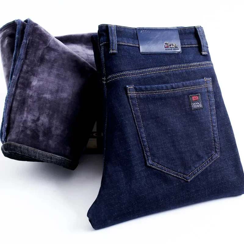 2025 Men\'s Winter Jeans Warm Straight Fit Fleece-lined Warm Denim Pants Male Classic Blue Business Stretch Thick Cowboy Trousers