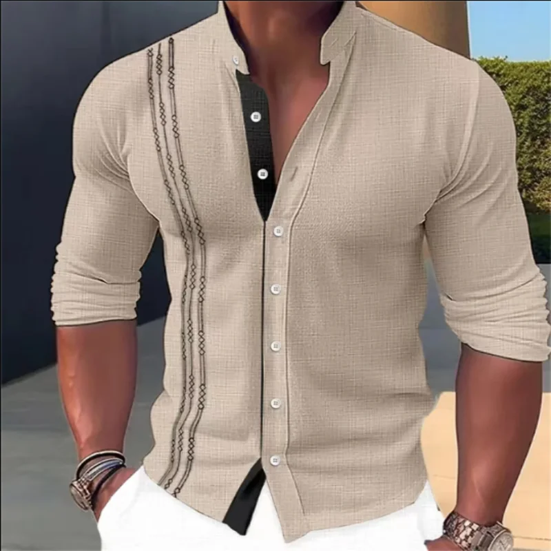 

Men's spring and autumn new men's casual cotton linen long-sleeved shirt single-breasted fashion stand collar printed cardigan