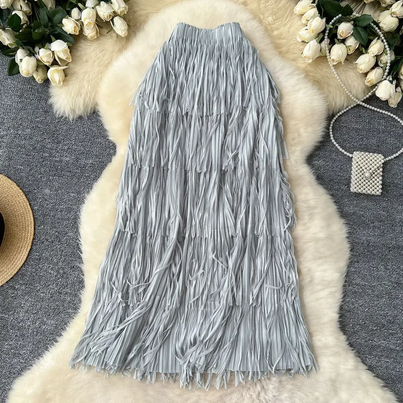 Novedad en 2025, falda larga por debajo de la rodilla con borlas para primavera y verano para mujer, ropa de calle de cintura alta a la moda, faldas informales