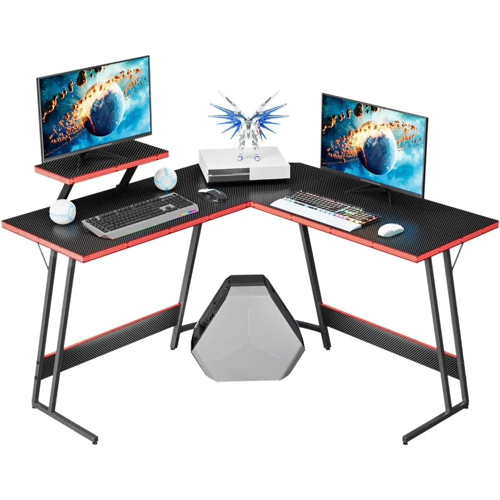 

L Shaped Gaming Desk Computer Corner PC Desk Table with Large Monitor Riser Stand for Home Office Sturdy Writing Workstation