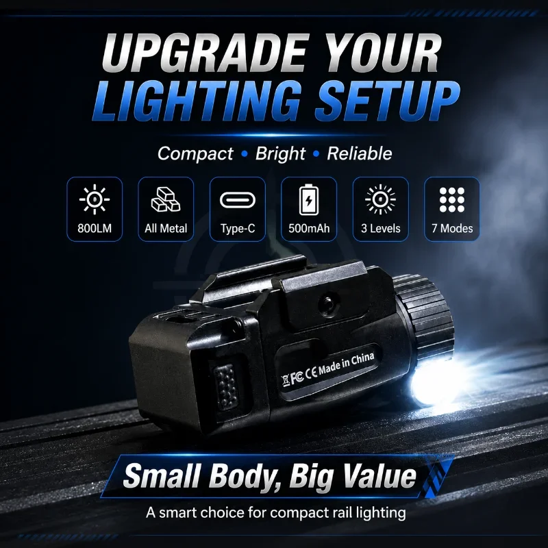 Lightweight Full Metal Hobby Flashlight 3 Adjustable Brightness 7 Flash Modes USB-C Recharge Rail Illumination Parts