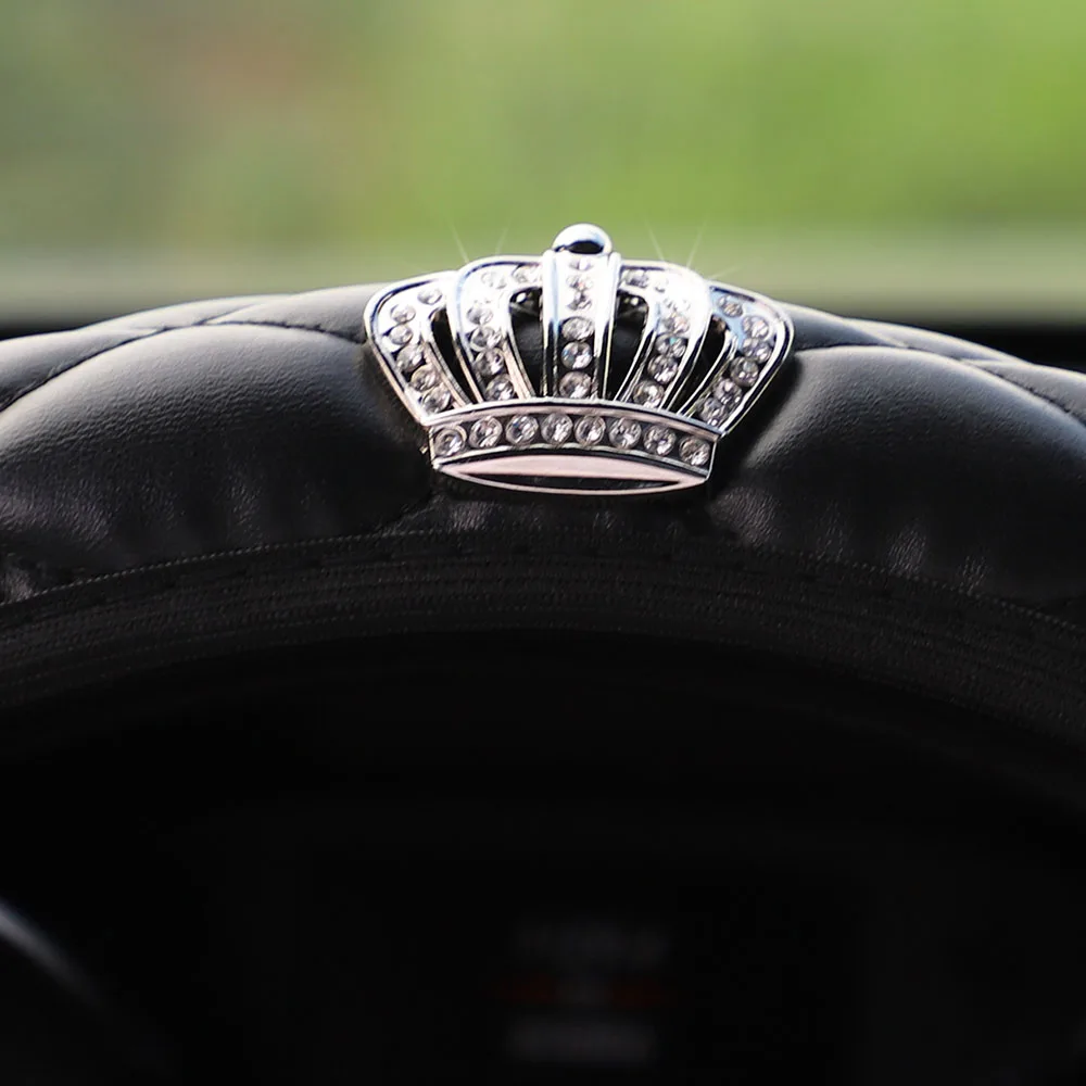 Weiche Leder-Lenkradabdeckung mit Diamantbesetzter Krone und Bling-Bling-Effekt ohne Innenring, Geeignet für 14,5 - 15 Zoll Autozubehör – Detail 3