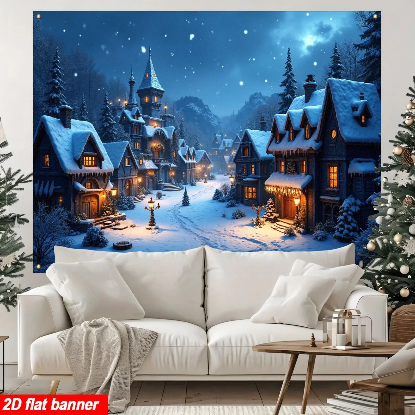 2D Flat, 2D Flat Winter Snow Village Tapestry - Enchanted Glowing Cottage & Twinkling Lights Christmas Night Scene, Self-Lit Sno