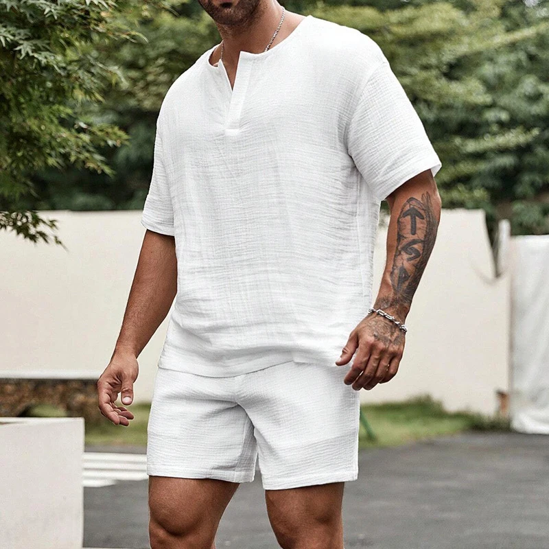 Fashion Loose Outfits Mens Solid Color Casual Short Sleeve Tops And Shorts Men Two Piece Sets Summer Vintage Outfits Male Spring