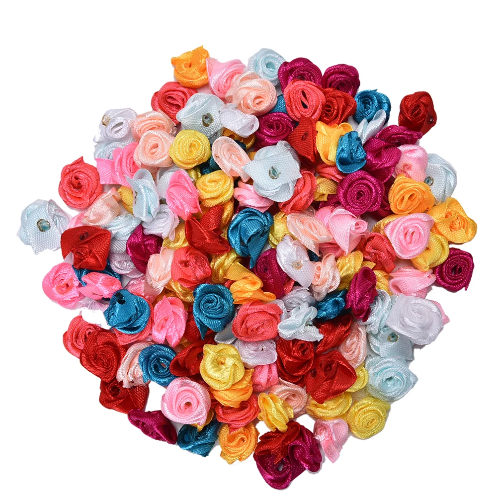 100pcs Handmade Satin Rose Ribbon Rosettes Mini Fabric Flower Bow Appliques For Wedding Decoration Craft Sewing Accessories