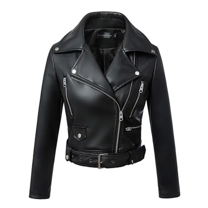 

New Women's Autumn And Winter Black Artificial Leather Jacket Crat Chain Basic Coat Lapel Motorcycle Jacket Women's Leather Coat