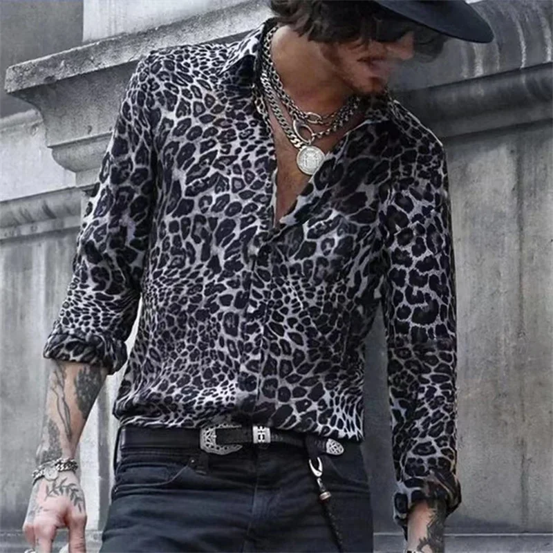 Fashion Luxury Leopard Print Men\'s Shirts Single Breasted Shirts Casual Camo Turbulence Print Long Sleeves Men\'s Hawaiian Tops