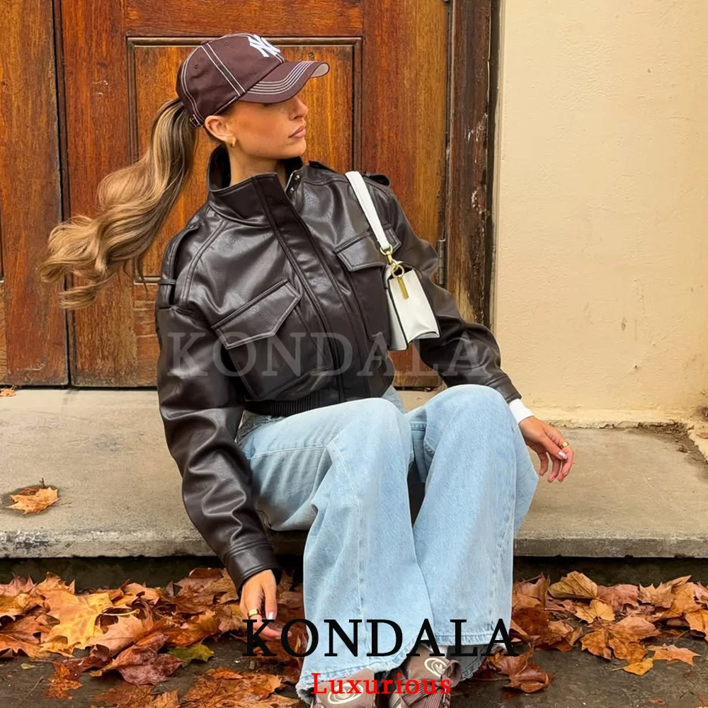 Kondala casual chique jaquetas bomber de couro preto feminino manga longa bolsos zíper botões casaco moda 2025 outono inverno jaqueta