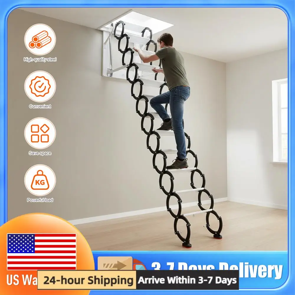 

12-ступенчатая настенная складная лестница-стремянка для чердака, выдвижная, грузоподъемность 272 кг, противоскользящие ступеньки, 3,4 м, для дома, для использования внутри и снаружи помещений