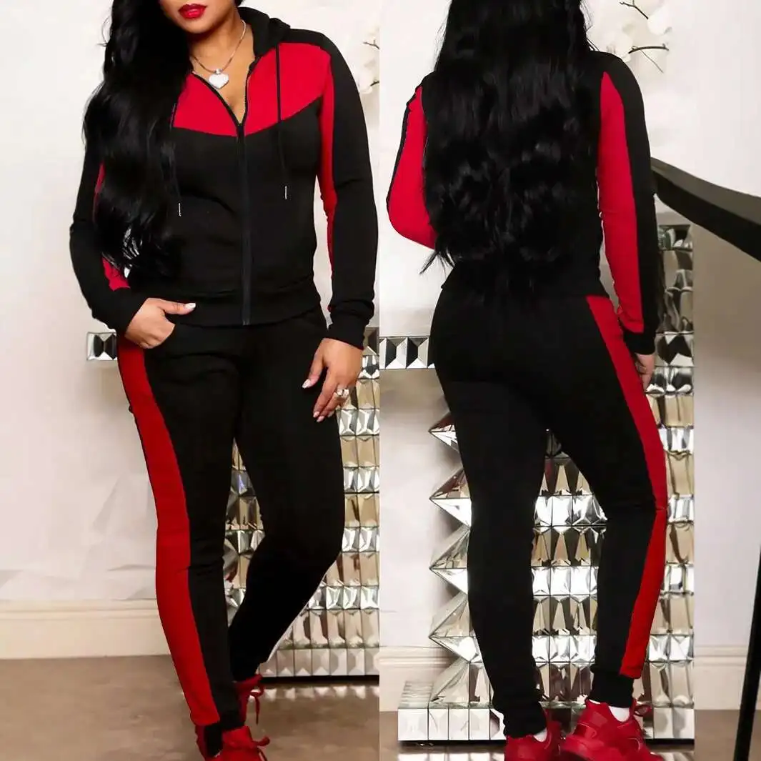 

Spring and Autumn Winter Plus Size Women's Two-color Spliced Hooded Top, Long Sleeved Pants Casual Set