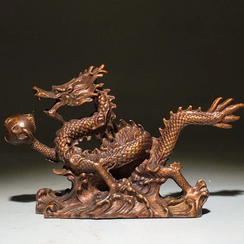 Handed down rare old objects alloy copper old pulp twelve zodiac dragon ornament relief dragon offering pearl dragon ornament