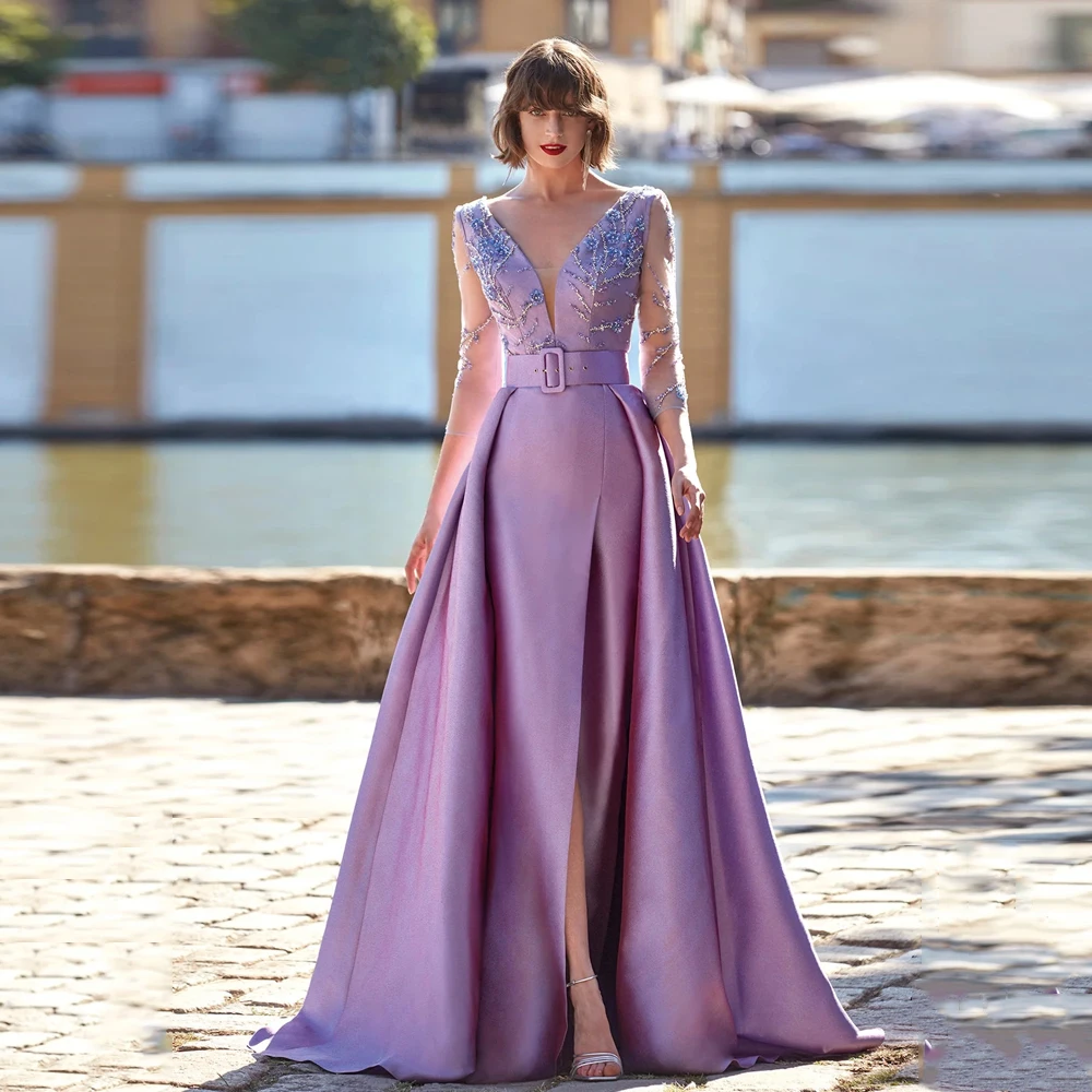 Vestidos Elegantes lilas de línea a para madre de la novia, vestidos de fiesta de boda con cuello en V, mangas 3/4, abalorios hasta el suelo, satén